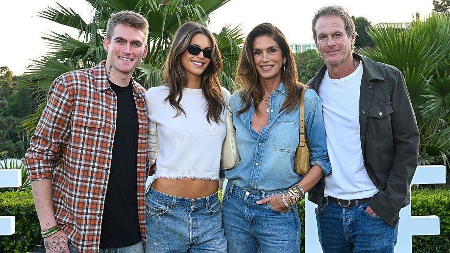 Presley Gerber pictured in May this year in Los Angeles alongside sister Kaia Gerber, mum Cindy Crawford and dad Rande Gerber
