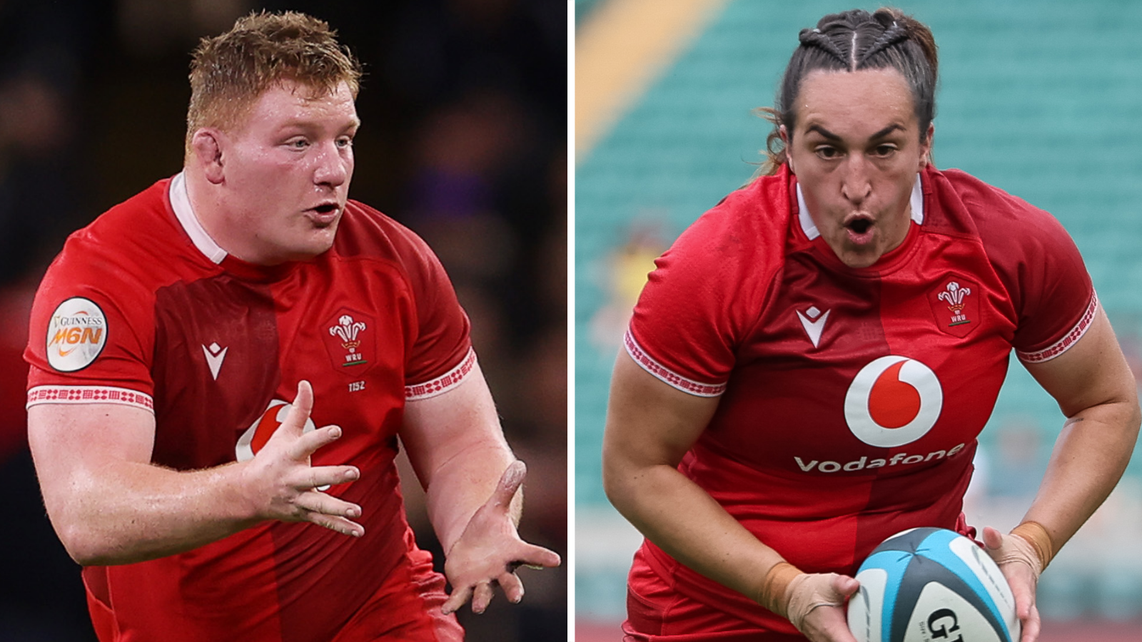 Two separate close-up images of players in red Wales jerseys - Rhys Carre offloads and Courtney Keight carries the ball
