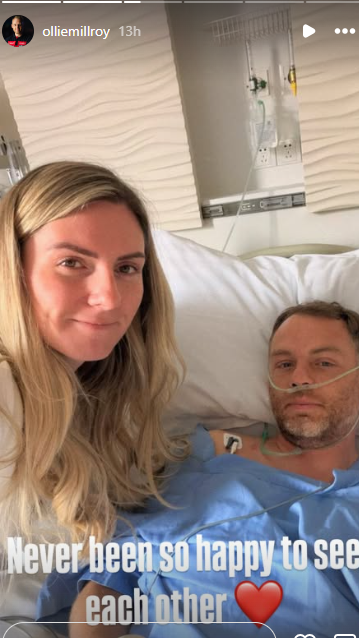 Ollie Millroy in a hospital bed with wife Fern pictured beside him