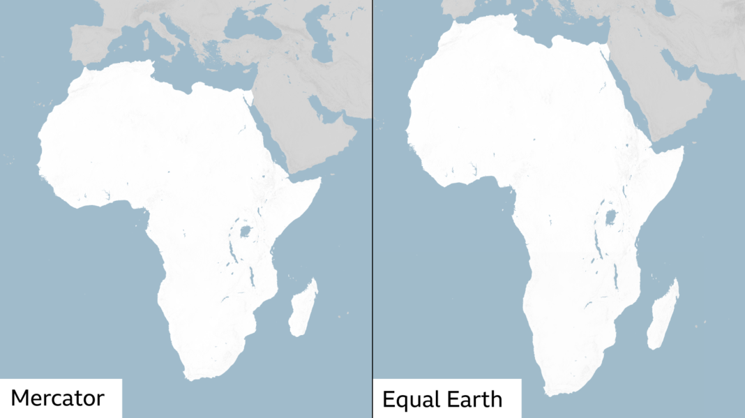 Side-by-side maps of Africa comparing two map projections. The Mercator projection on the left makes Africa appear smaller in comparison with Europe to its north. The Equal Earth projection on the right shows a longer, more proportionally accurate shape of the continent.