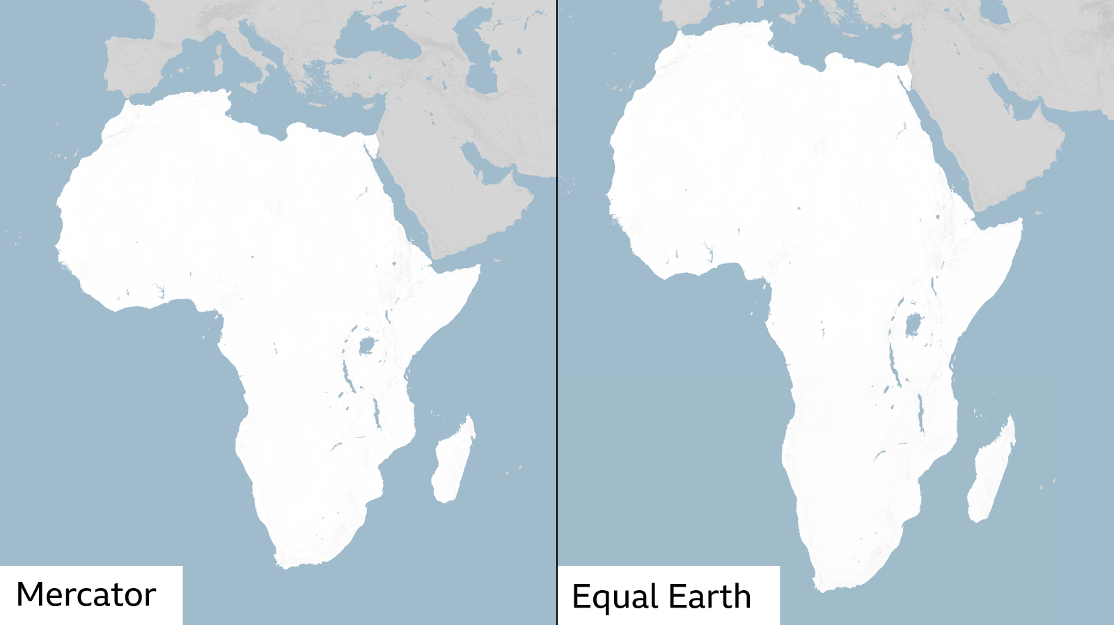 Side-by-side maps of Africa comparing two map projections. The Mercator projection on the left makes Africa appear smaller in comparison with Europe to its north. The Equal Earth projection on the right shows a longer, more proportionally accurate shape of the continent.