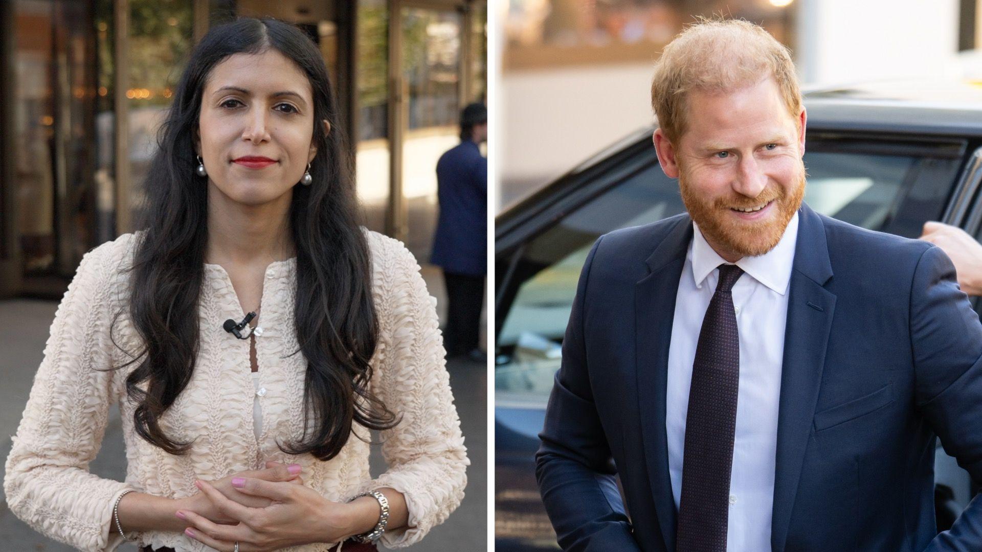 Left, a woman with black hair in a cream blouse. Right, a red headed man steps out of a car.