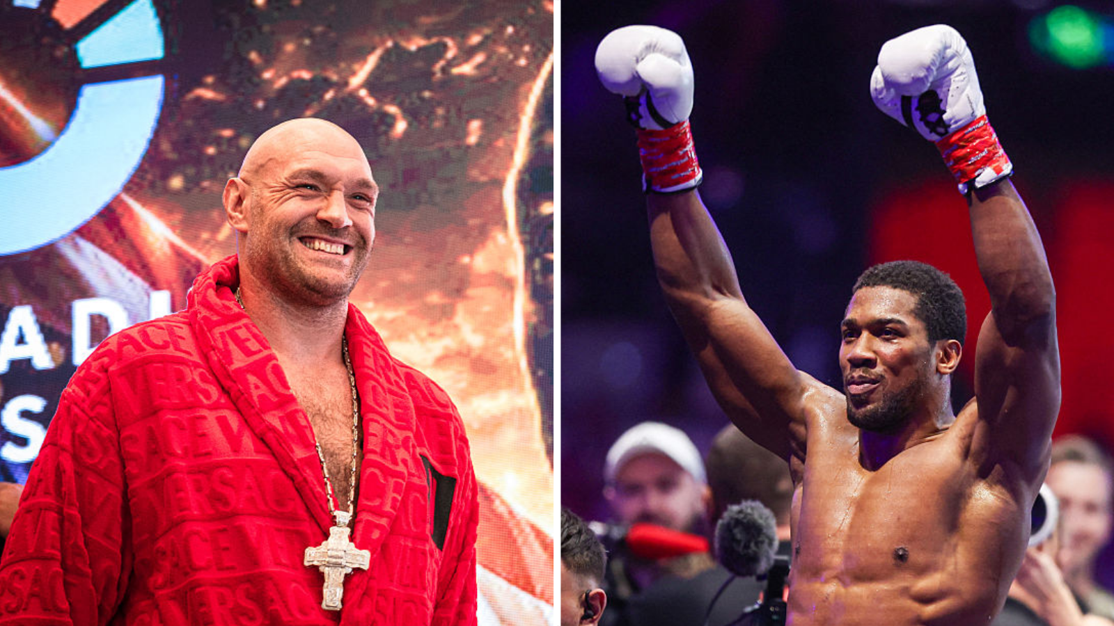 Tyson Fury (left) at the official weigh-in before his fight with Mariusz Wach. Anthony Joshua (right) with his arms up after beating Kristian Prenga.