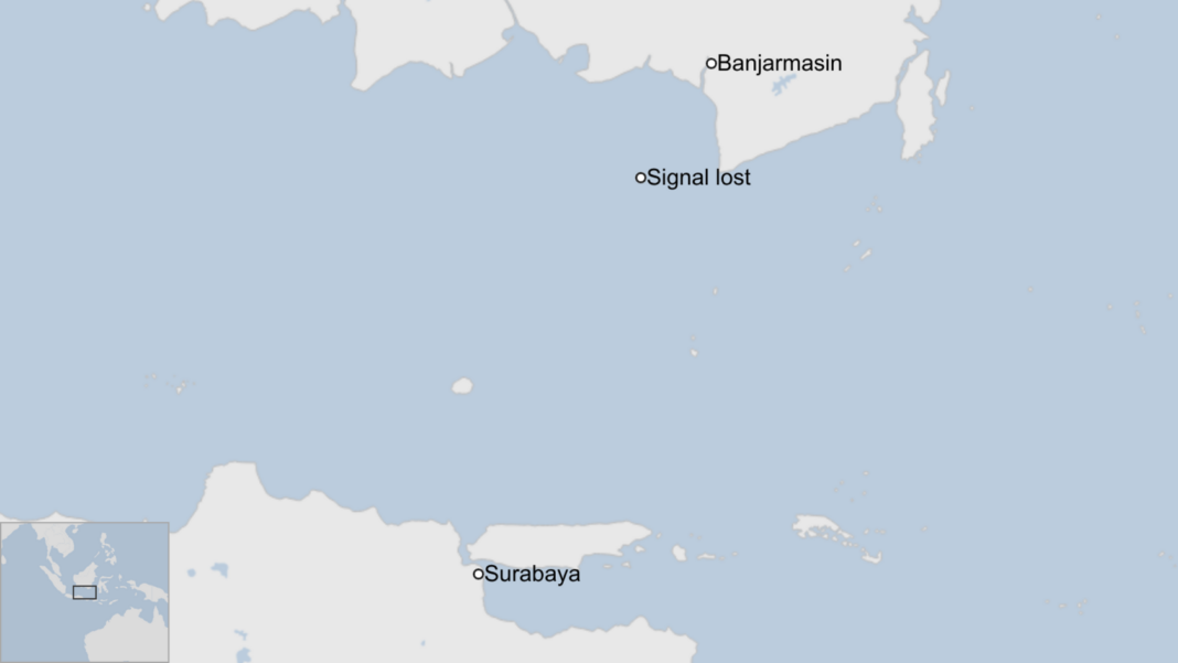 A map showing part of Indonesia. The city of Surabaya is shown in the south west and Banjarmasin is shown to the north. A circle with the text 