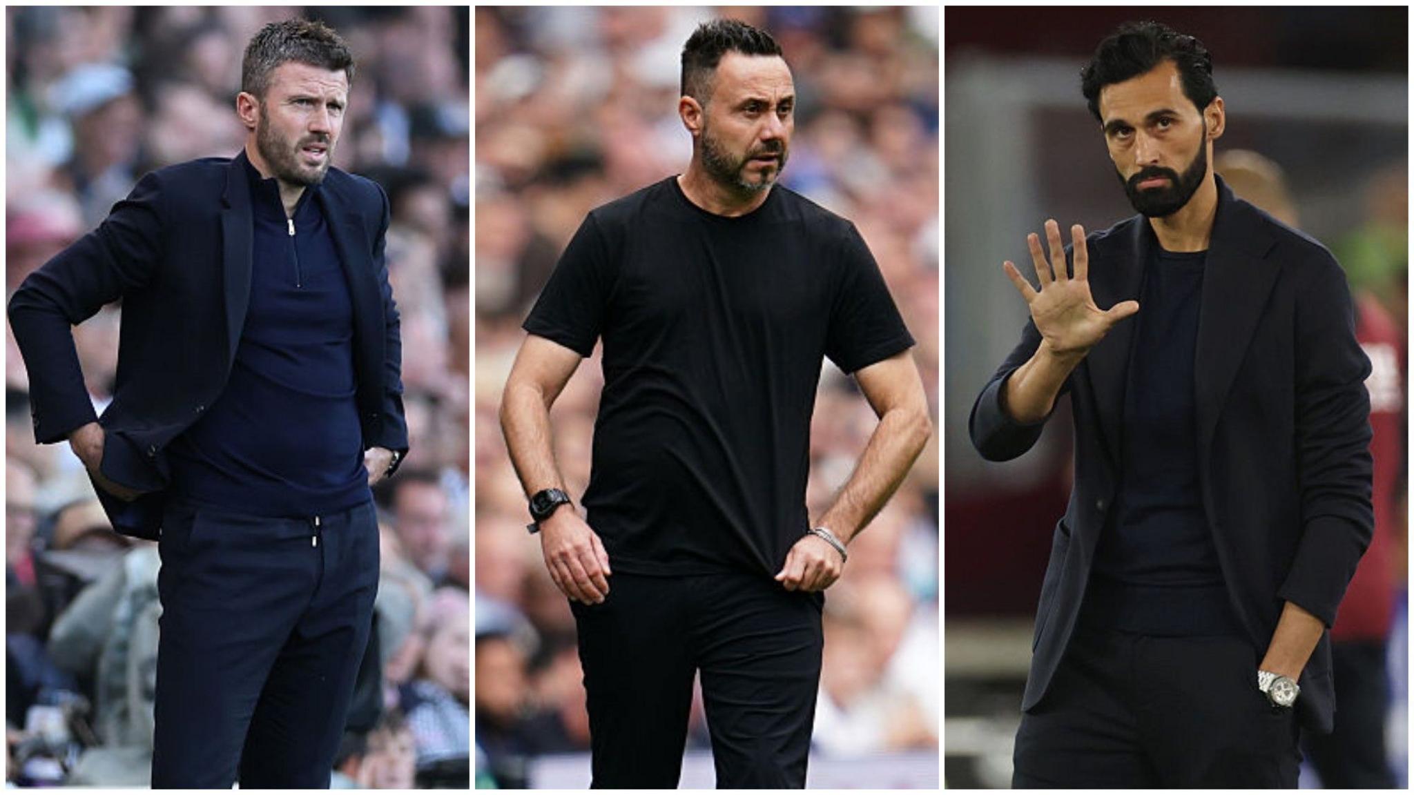 A three-way split picture of Manchester United boss Michael Carrick, Tottenham manager Roberto de Zerbi and Fulham head coach Alvaro Arbeloa