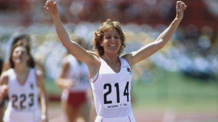 Christina Boxer celebrates winning the 1500m at the 1982 Commonwealth Games