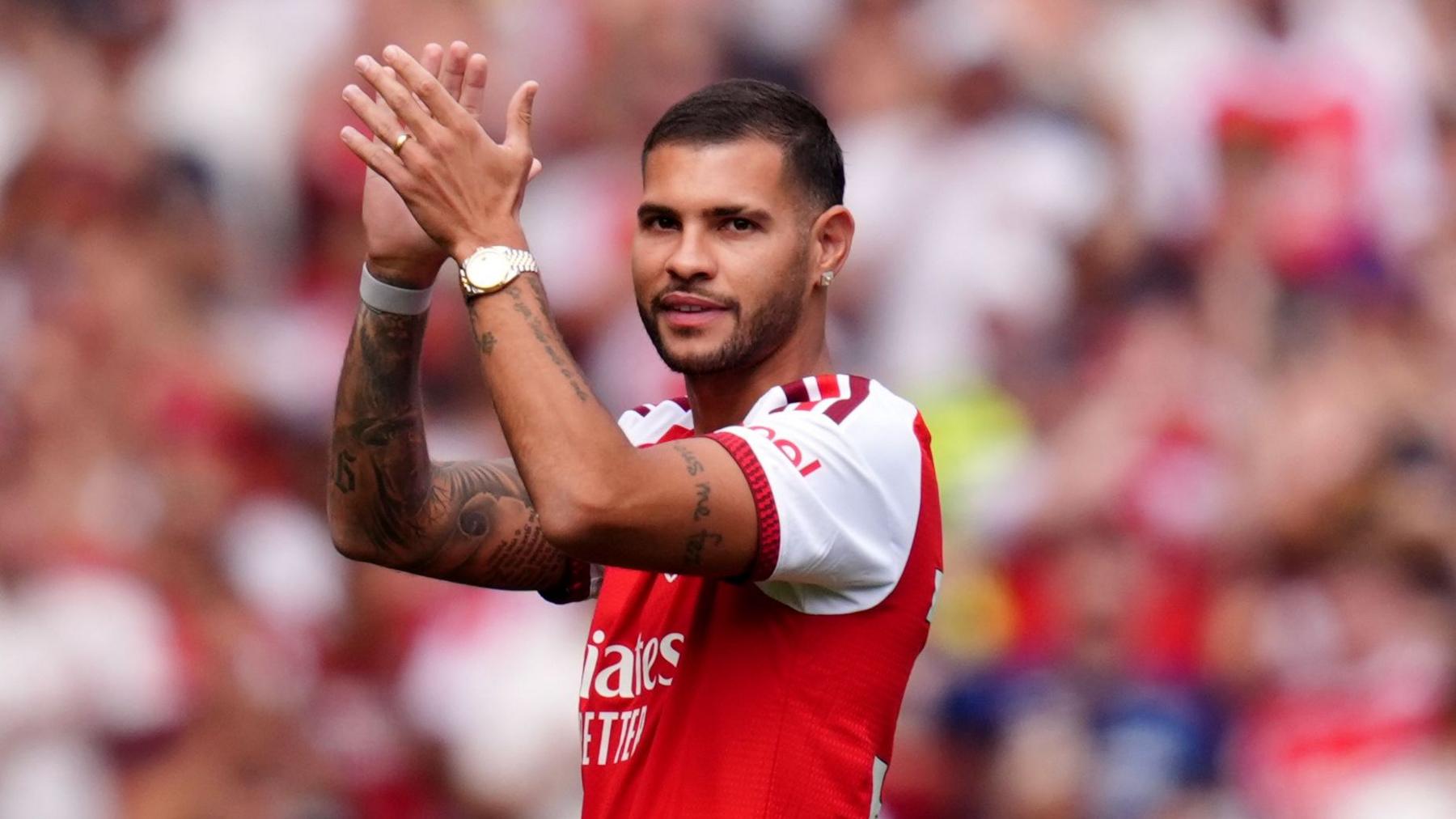 Bruno Guimaraes takes the acclaim of Arsenal's fans at The Community Shield win against Manchester City.