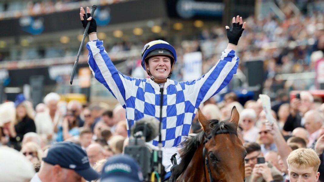 Saffie Osborne on Highwayman wins the St Leger