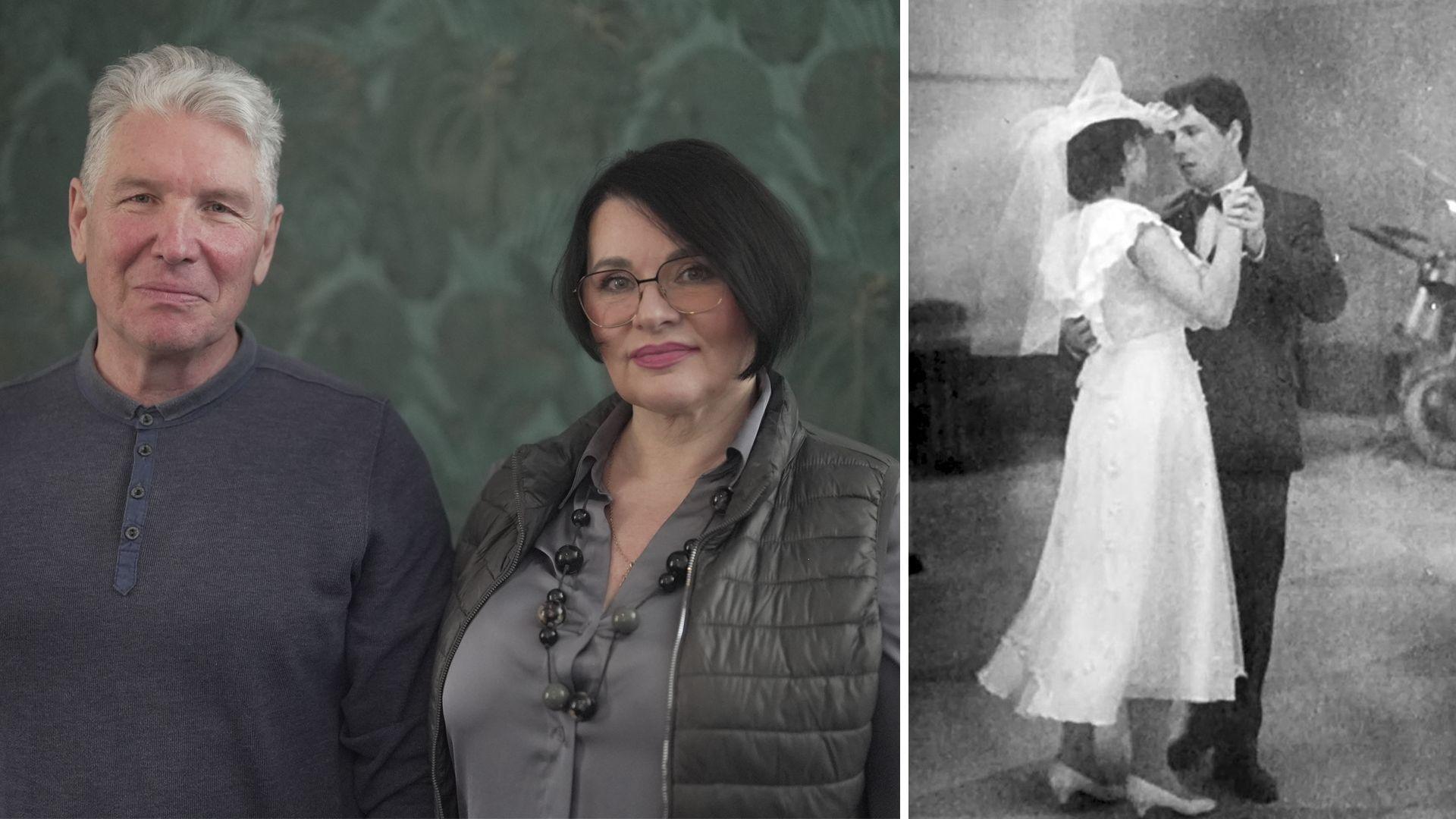 A composite image shows married couple Iryna and Serhiy photographed in 2026, looking at the camera and smiling. Iryna has chin-length dark hair and glasses and is holding a pink flower. Serhiy has grey hair and is holding up a photo of them side-by-side at their wedding. On the right hand side is a black and white photograph of the couple during their first dance at their wedding. She wears a white wedding dress, he wears a dark suit and a bow tie.