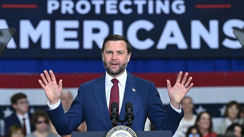 J D Vance addressing a rally in Michigan