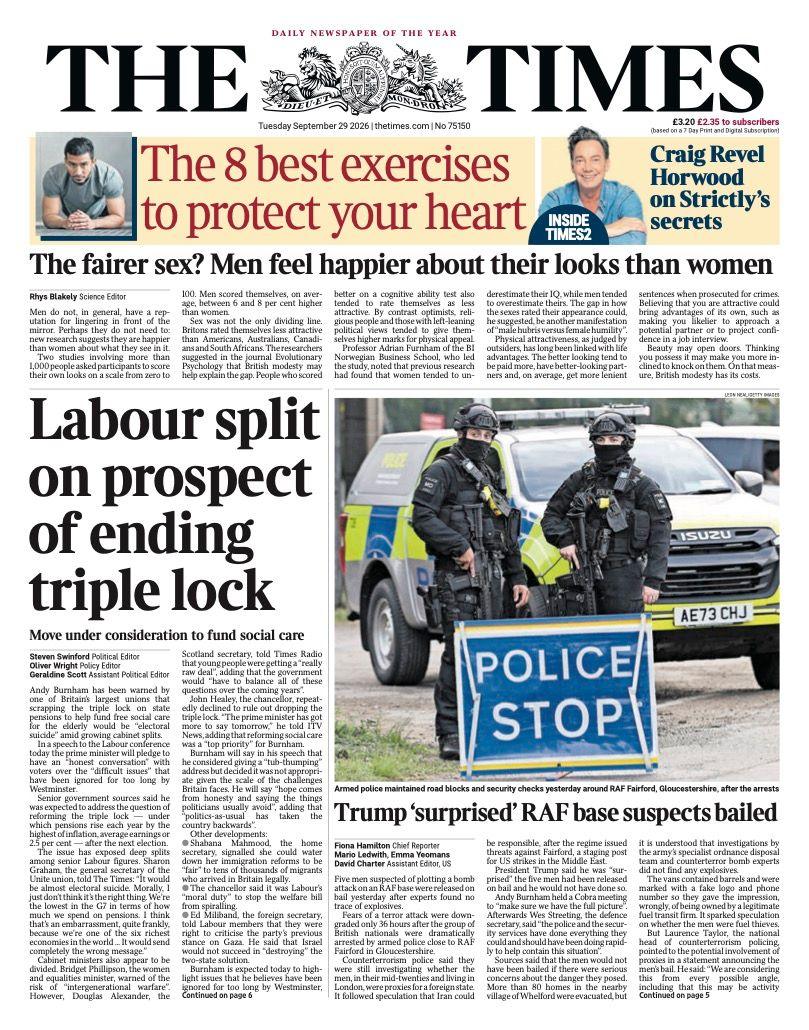 The headline on the front page of the Times reads: “Labour split on prospect of ending triple lock”.