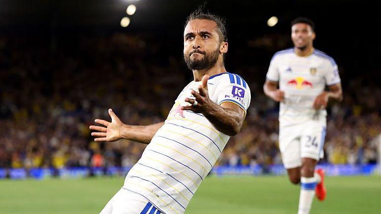 Dominic Calvert-Lewin celebrates after scoring for Leeds United against Newcastle United