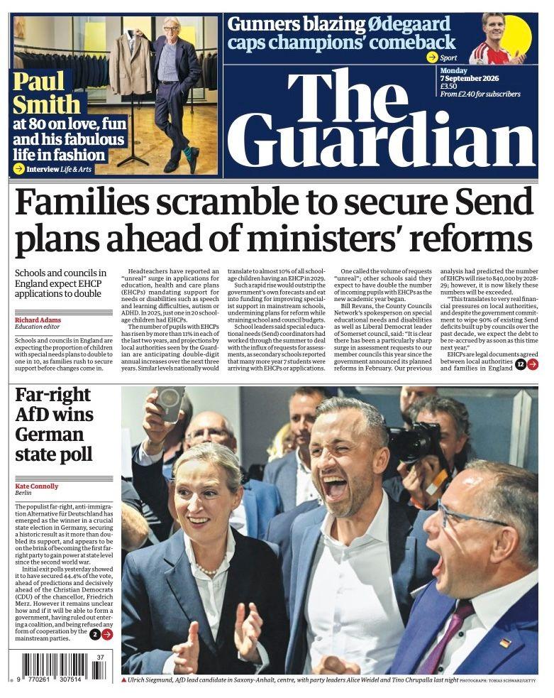 "Families scramble to secure Send plans ahead of ministers' reforms" reads the headline on the front page of the Guardian.