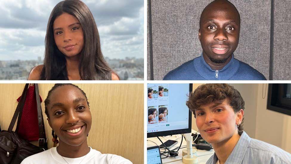 A four-way split pic using headshots of case studies Sarisha Ganesan, Oliver Walker, Chinaza Eke and Elijah Amoako