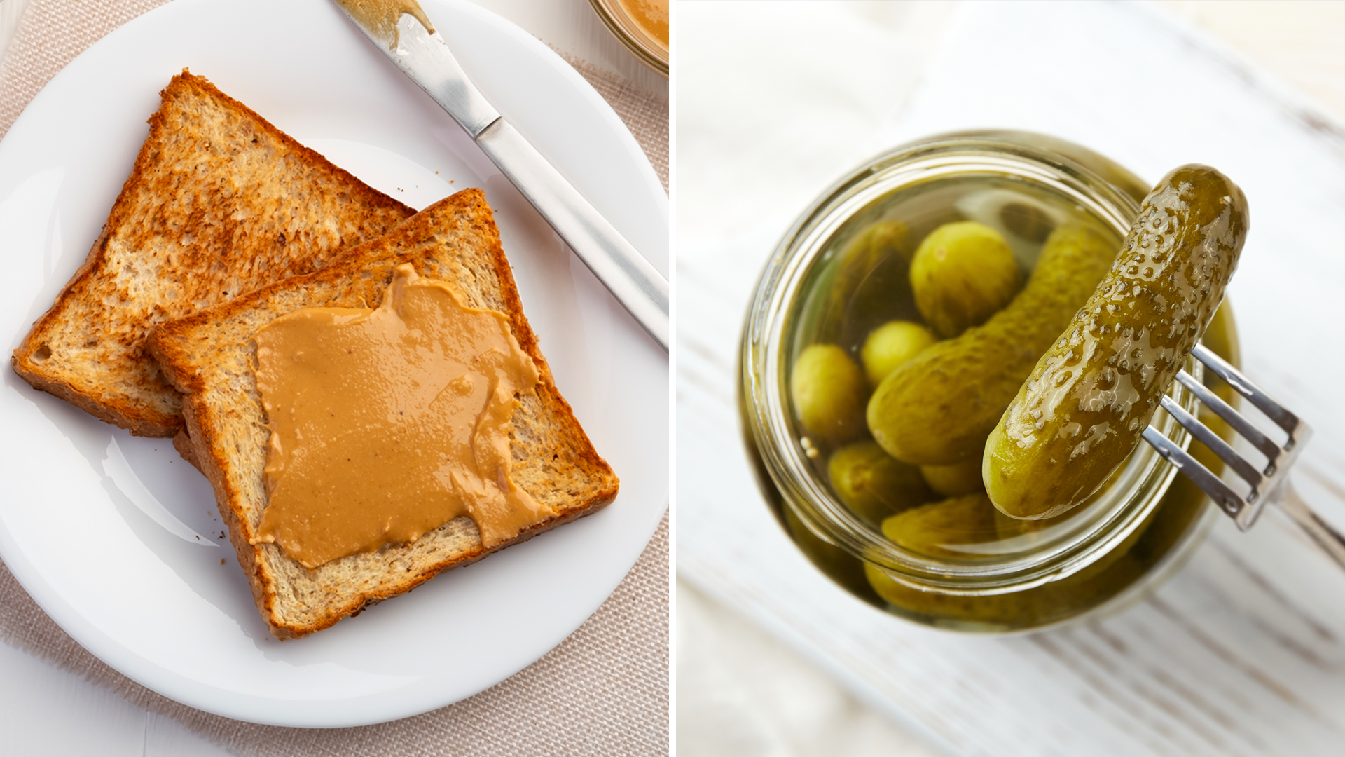 A composite image with a left-hand image of two slices of toast with the top covered in peanut butter. The right-hand side is an open jar of gherkins, one has been grabbed with a fork sitting above the jar opening