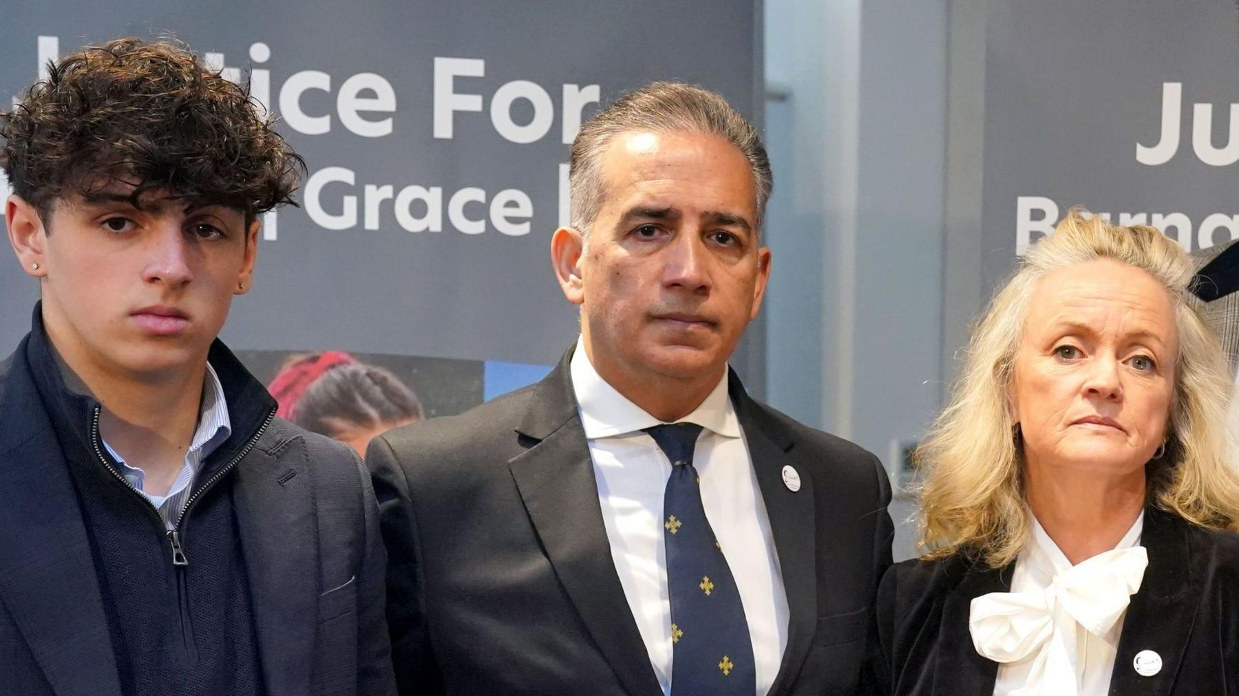 (left to right) Grace O'Malley-Kumar's brother James, with their parents Dr Sanjoy Kumar and Dr Sinead O'Malley, following a press conference with the families of the victims of the Valdo Calocane, at Doughty Street Chambers, central London on Wednesday February 5, 2025