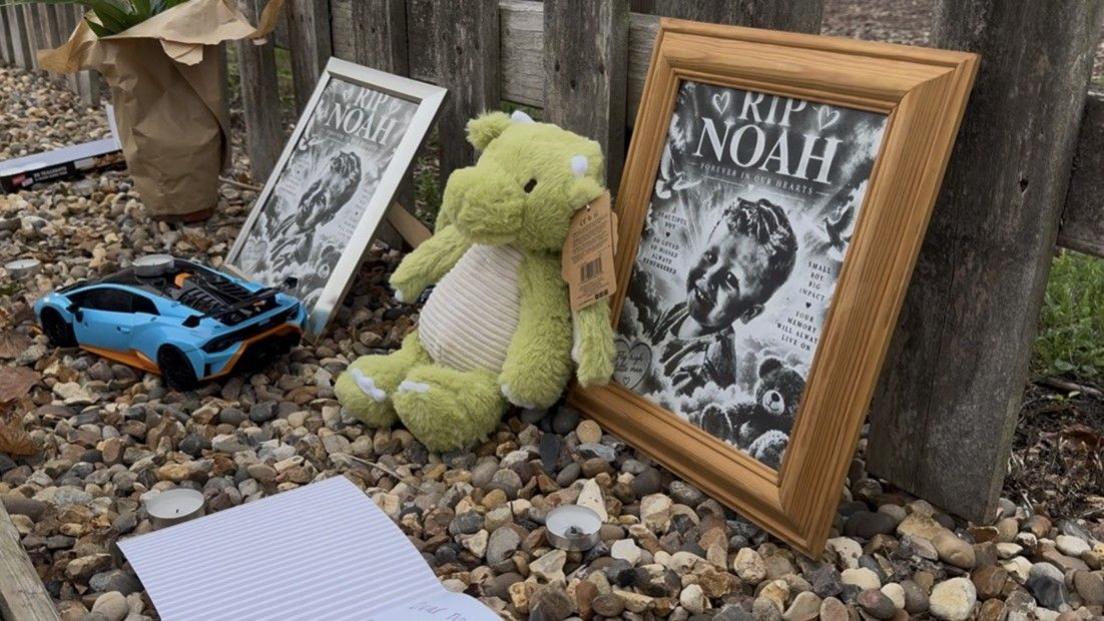 Teddy bear, car and two framed pictures next to a fence