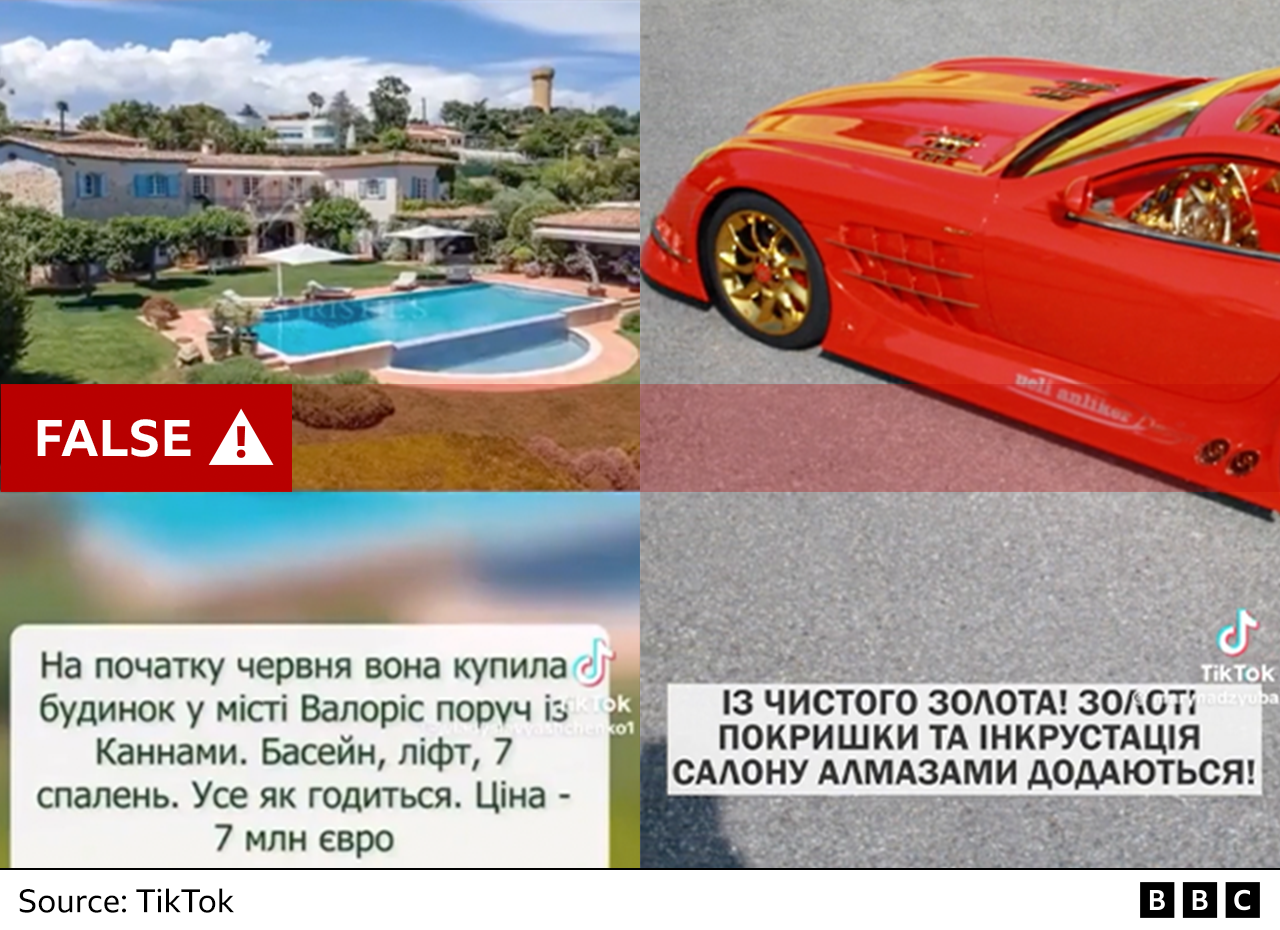A split-screen collage shows a large house with a swimming pool on the left and a bright red luxury sports car with gold detailing and wheels on the right. Smaller images below contain text in Russian and TikTok branding. A red “FALSE” warning label overlays the house image. Source: TikTok.
