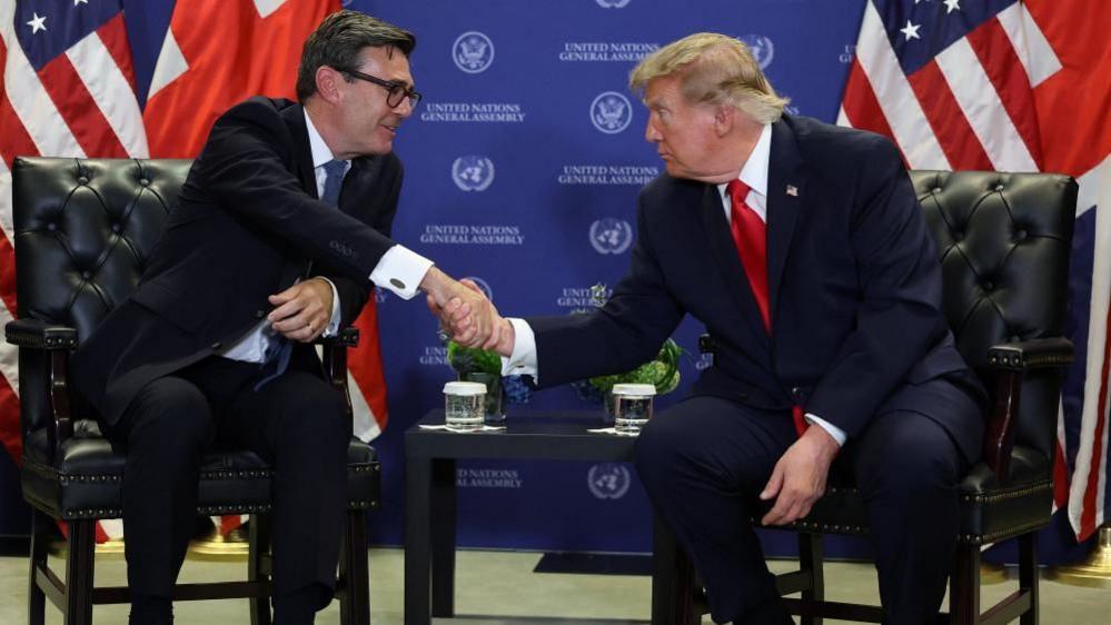 Britain's Prime Minister Andy Burnham shakes hands with US President Donald Trump on the sidelines of United Nations General Assembly on 22 September 2026