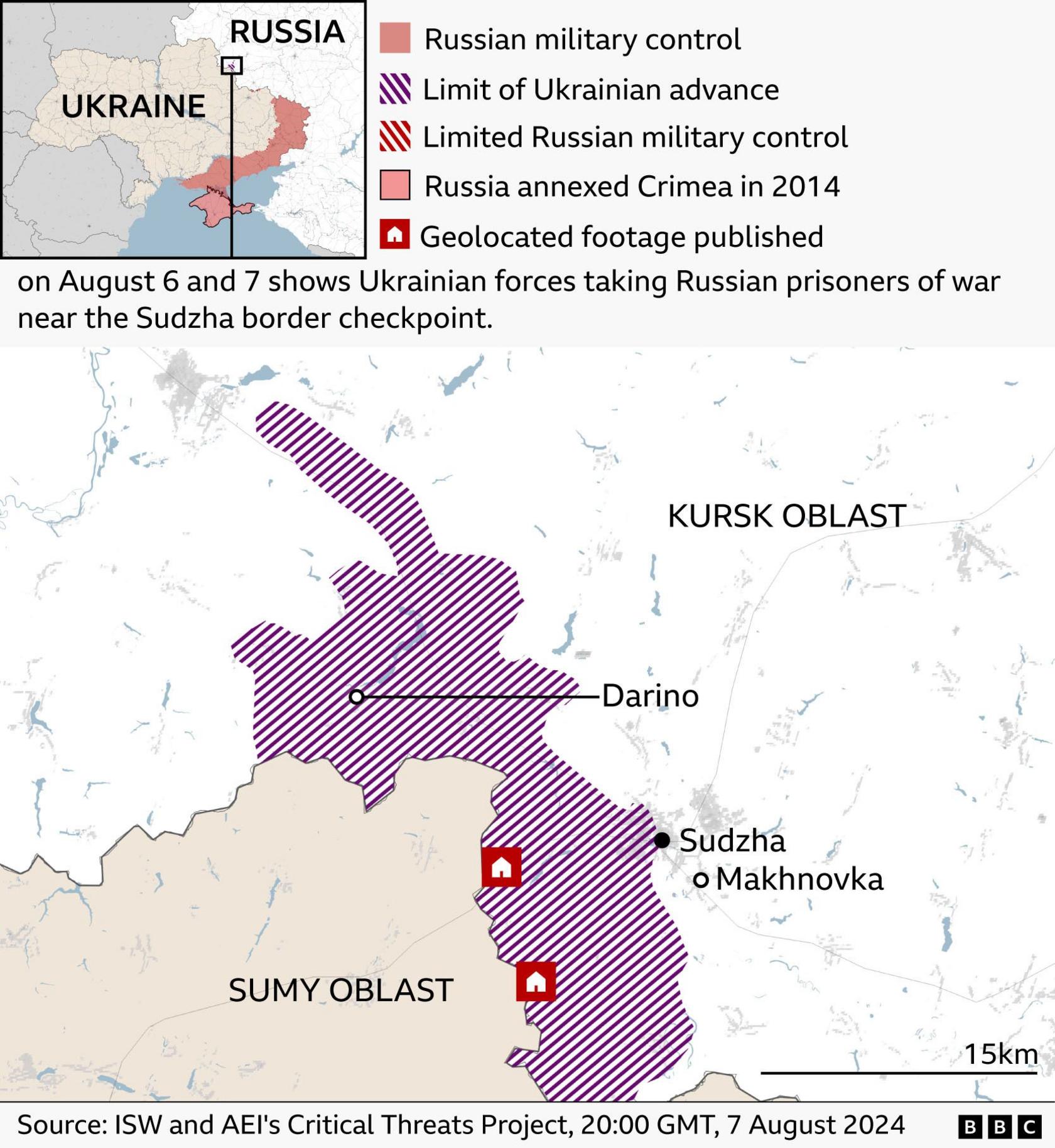 Map showing a purple area held for eight months by Ukrainian forces over the border in Russia's Kursk region