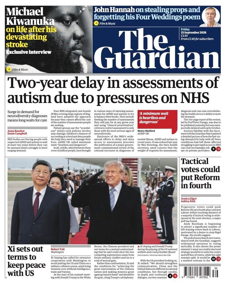 The headline on the front page of the Guardian reads: “Two-year delay in assessments of autism due to pressures on NHS”.