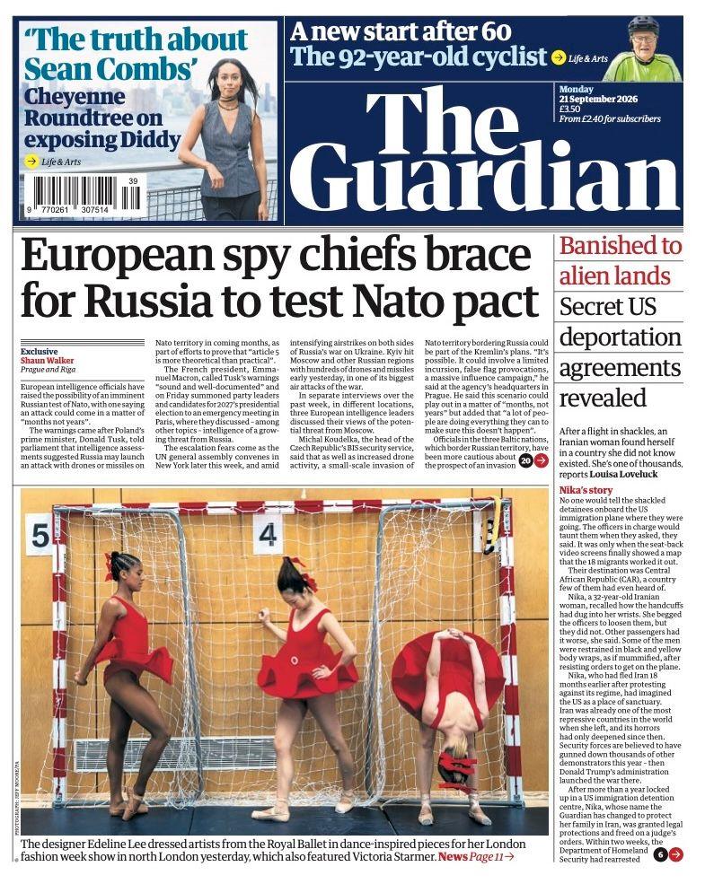 "European spy chiefs brace for Russia to test Nato pact" reads the headline on the front page of the Guardian