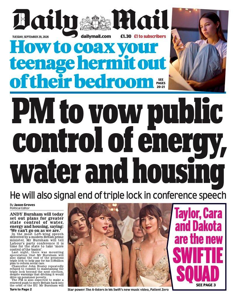 The headline on the front page of the Daily Mail reads: “PM to vow public control of energy, water and housing”.