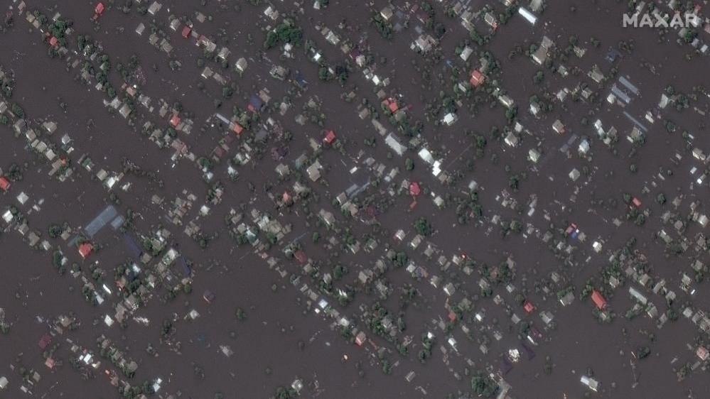 The flooded town of Oleshky following the collapse of the Nova Kakhovka Dam on 7 June 202.