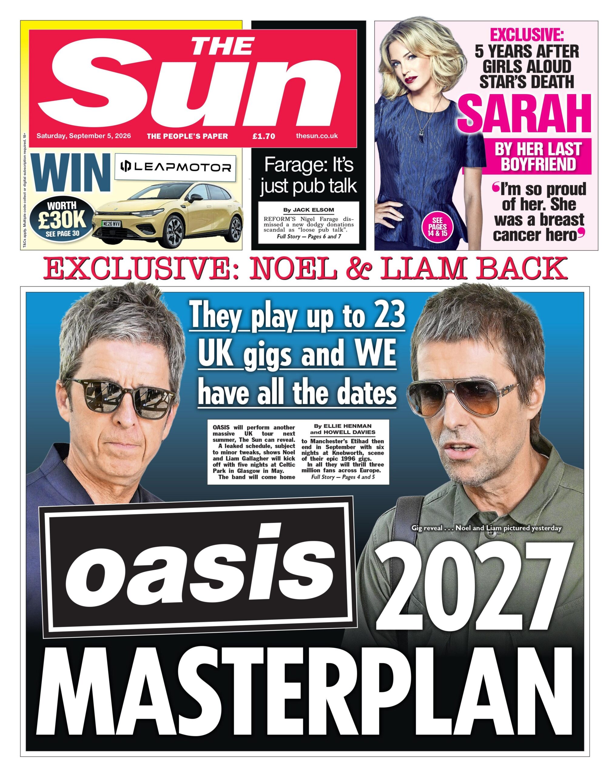 The headline on the front page of the Sun reads: “Oasis 2027 masterplan”.