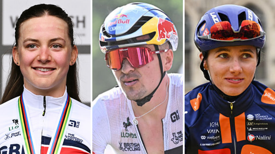 GB sniff Road Worlds chance with Pogacar absence Split picture showing Zoe Backstedt, Tom Pidcock and Pfeiffer Georgi in cycling kit