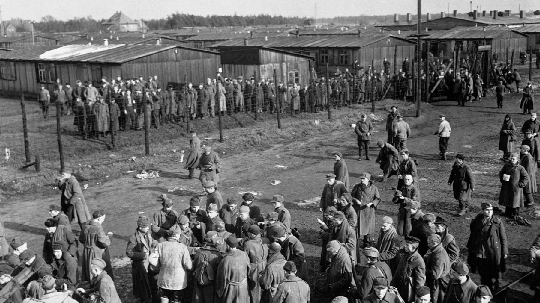 Russian prisoners of war stand on the grounds of Stalag 326 which housed 10,000 prisoners during World War II.
