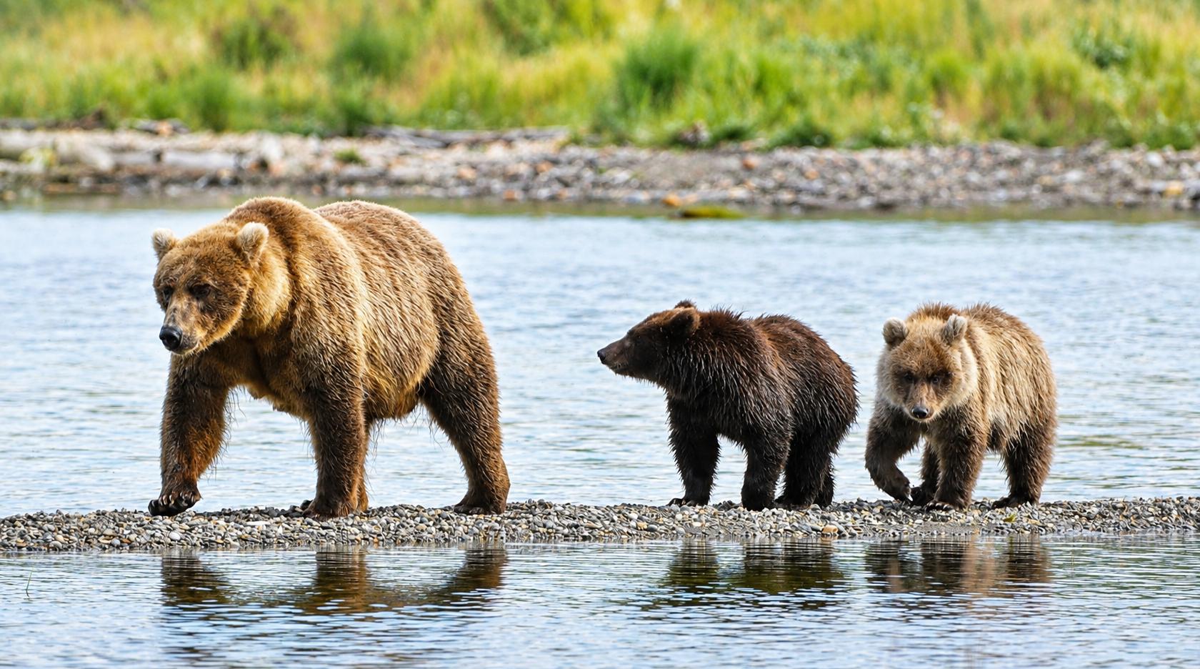 A bear and two cubs walk across a river.