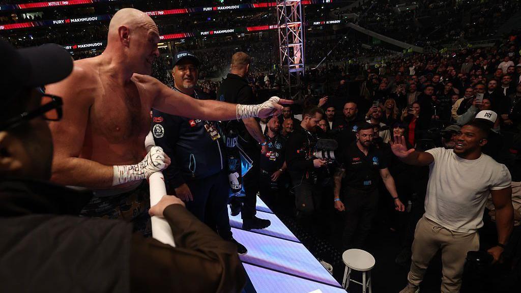 Tyson Fury points to Anthony Joshua after Fury's win against Arslanbek Makhmudov in April