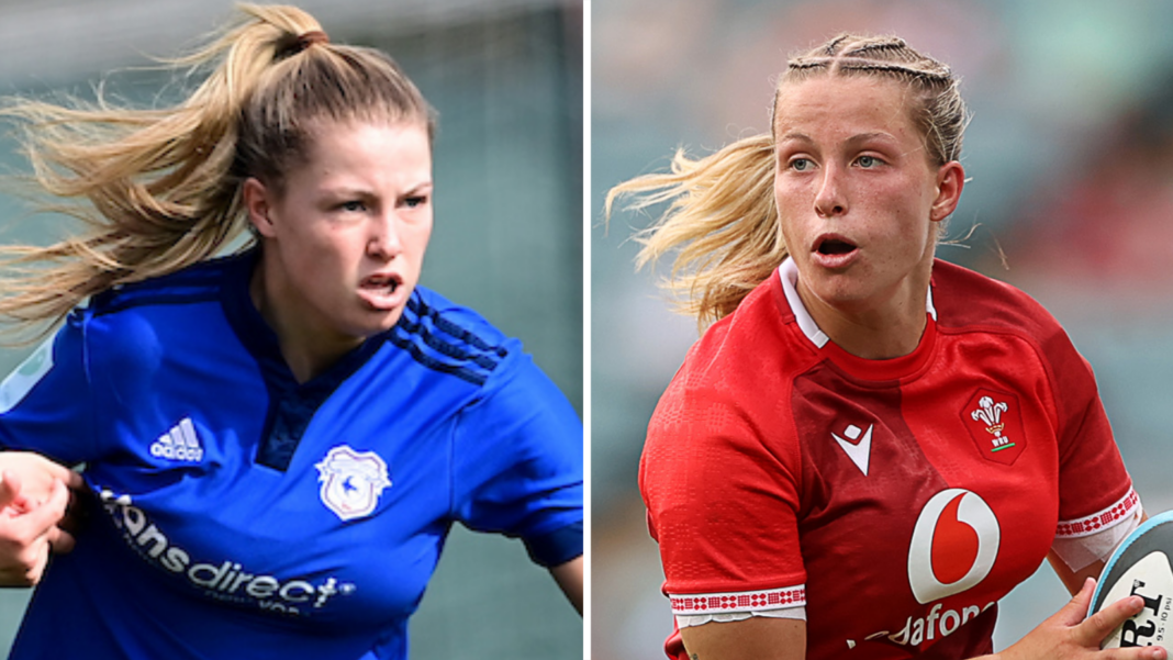 Amy Williams playing for Cardiff City Women FC and Wales' rugby side
