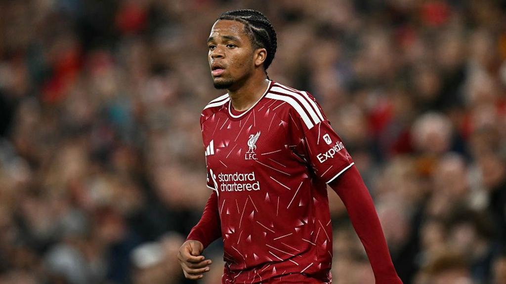 Rio Ngumoha looks on during Liverpool's 3-1 Carabao Cup victory over Tottenham Hotspur at Anfield
