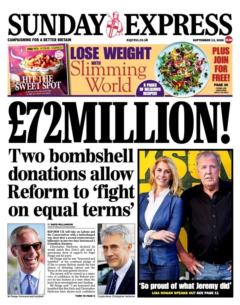 The headline on the front page of the Sunday Express reads: “£72 million!”.