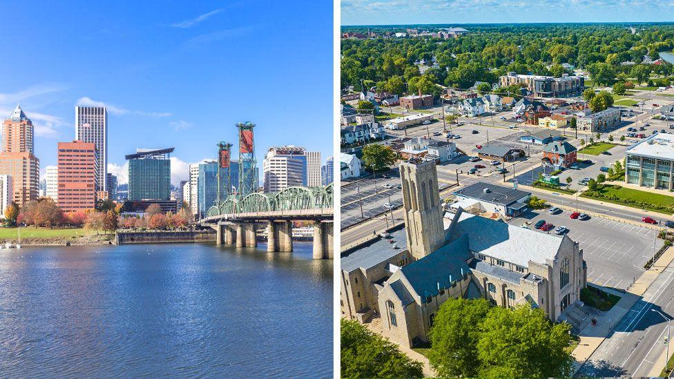 Skyline of Portland,  Oregan on the left showing a big city and an aeriel view of Muncie in Indiana on the right showing a small town