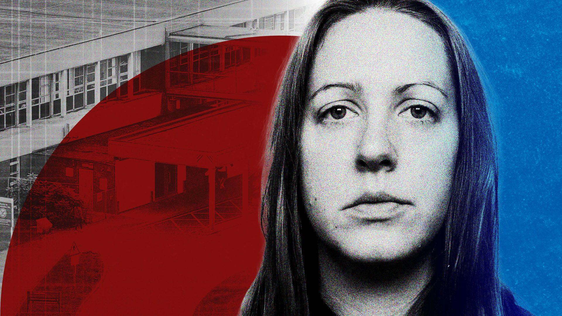 Designed image using Lucy Letby mugshot with hospital in background