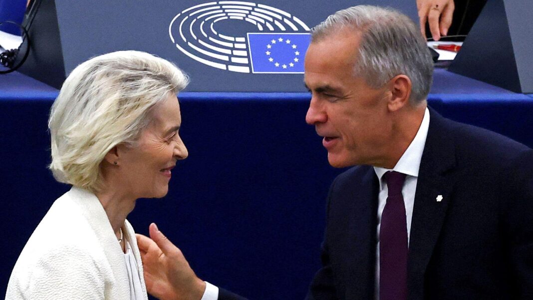 What could EU associate member status mean for Canada? Mark Carney puts a hand on Ursula von der Leyen's shoulder as they speak in the European Parliament on Wednesday