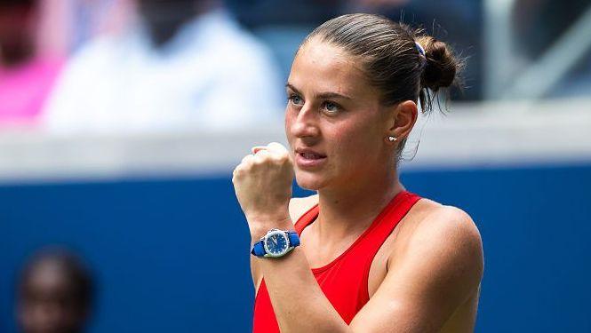 Marta Kostyuk celebrates during her defeat by Linda Noskova at the 2026 US Open