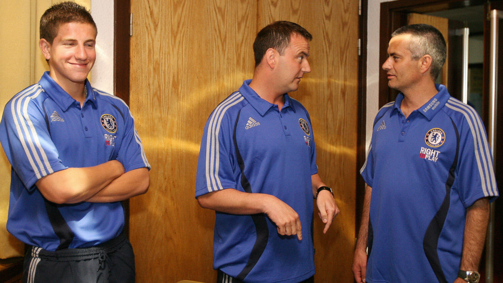 Chelsea player Sam Hutchinson (left) pictured during a Chelsea humanitarian visit to Ghana in 2007 with academy manager Neil Bath and boss Jose Mourinho (right)