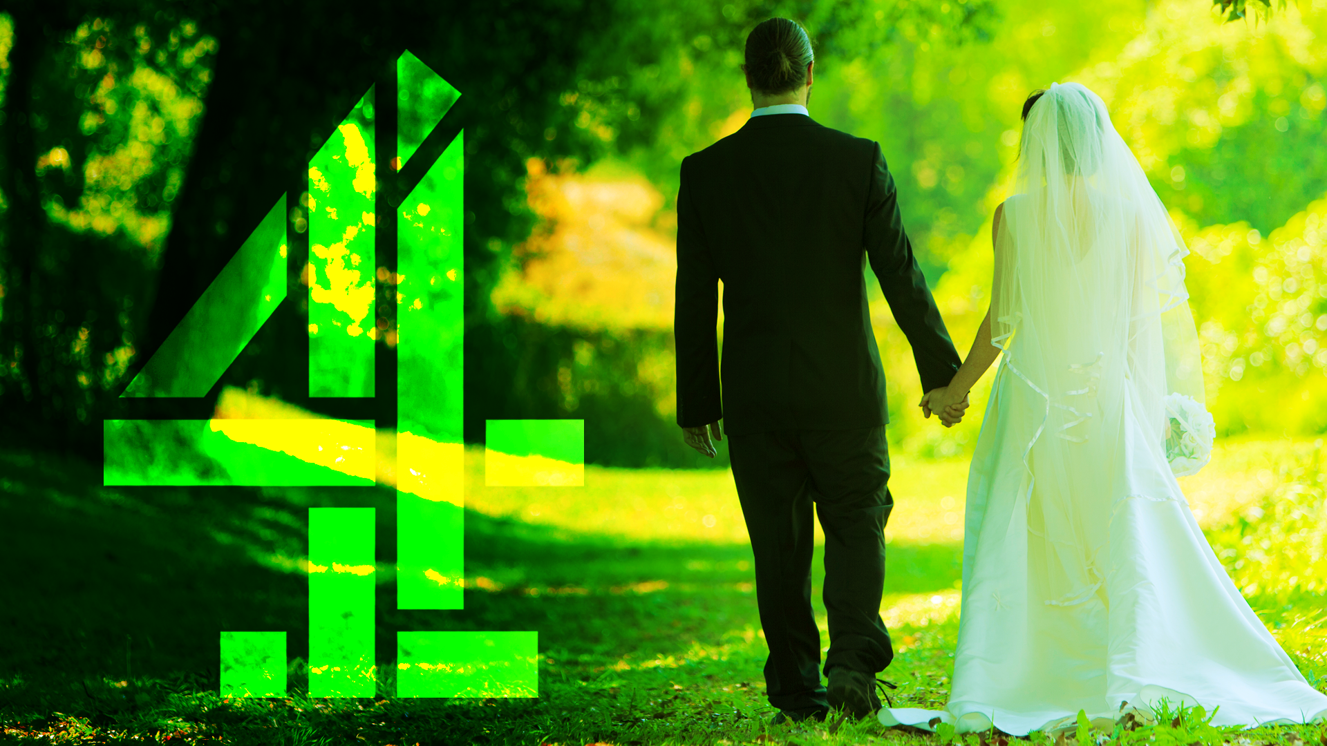 A groom dressed in a dark suit and a bride dressed in white walk hand in hand along a sunlit grassy path, surrounded by tall green trees. Bright sunlight filters through the leaves. A large green Channel 4 logo sits to the left.