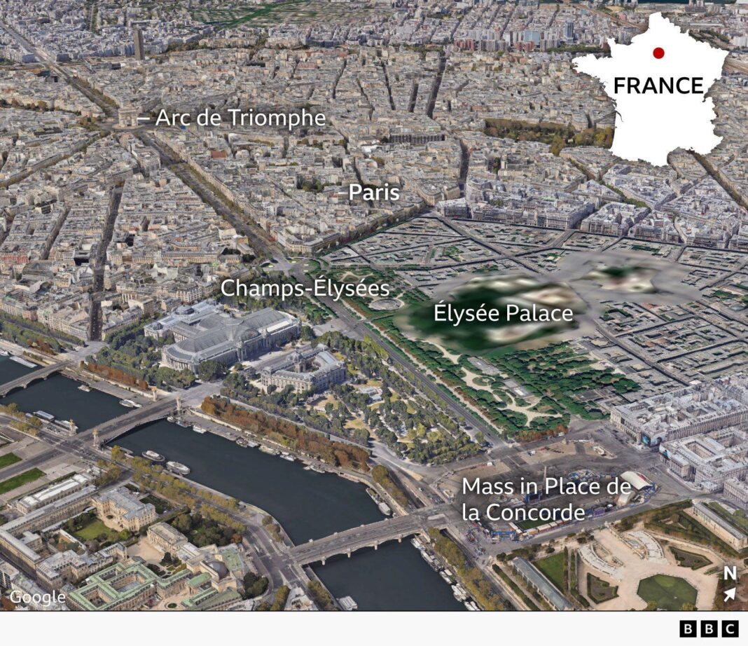 Huge crowds greet Pope in Paris for open-air Mass Aerial map of central Paris showing where the Pope is due to hold mass in the Place de la Concorde on Saturday. The Élysée Palace and nearby landmarks are also labelled - the Arc de Triomphe, Champs-Élysées and Paris city centre. An inset map of France highlights the capital’s location in the north of the country.