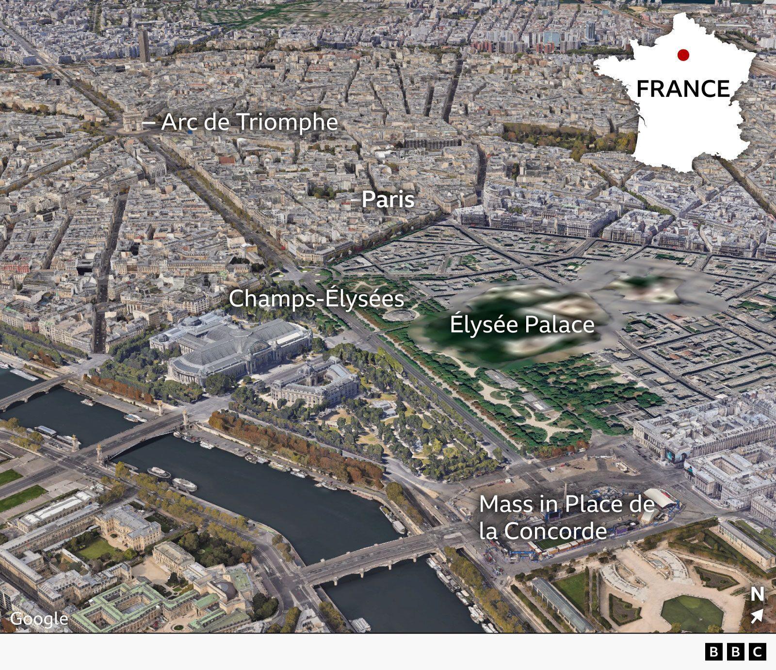 Aerial map of central Paris showing where the Pope is due to hold mass in the Place de la Concorde on Saturday. The Élysée Palace and nearby landmarks are also labelled - the Arc de Triomphe, Champs-Élysées and Paris city centre. An inset map of France highlights the capital’s location in the north of the country.