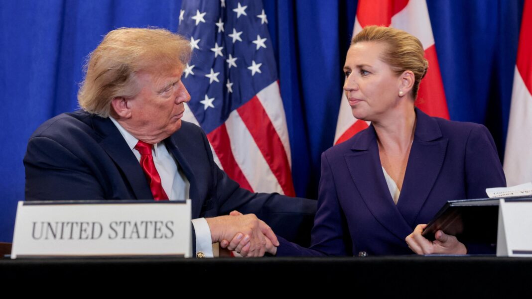 US to build two military bases in Greenland under new deal with Denmark US President Donald Trump shakes hands with Danish Prime Minister Mette Frederiksen as they attend a trilateral signing event