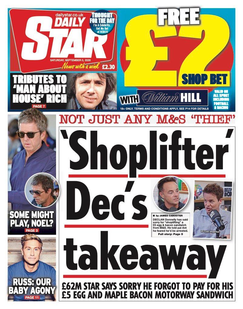 The headline on the front page of the Daily Star reads: “'Shoplifter' Dec's takeaway”.