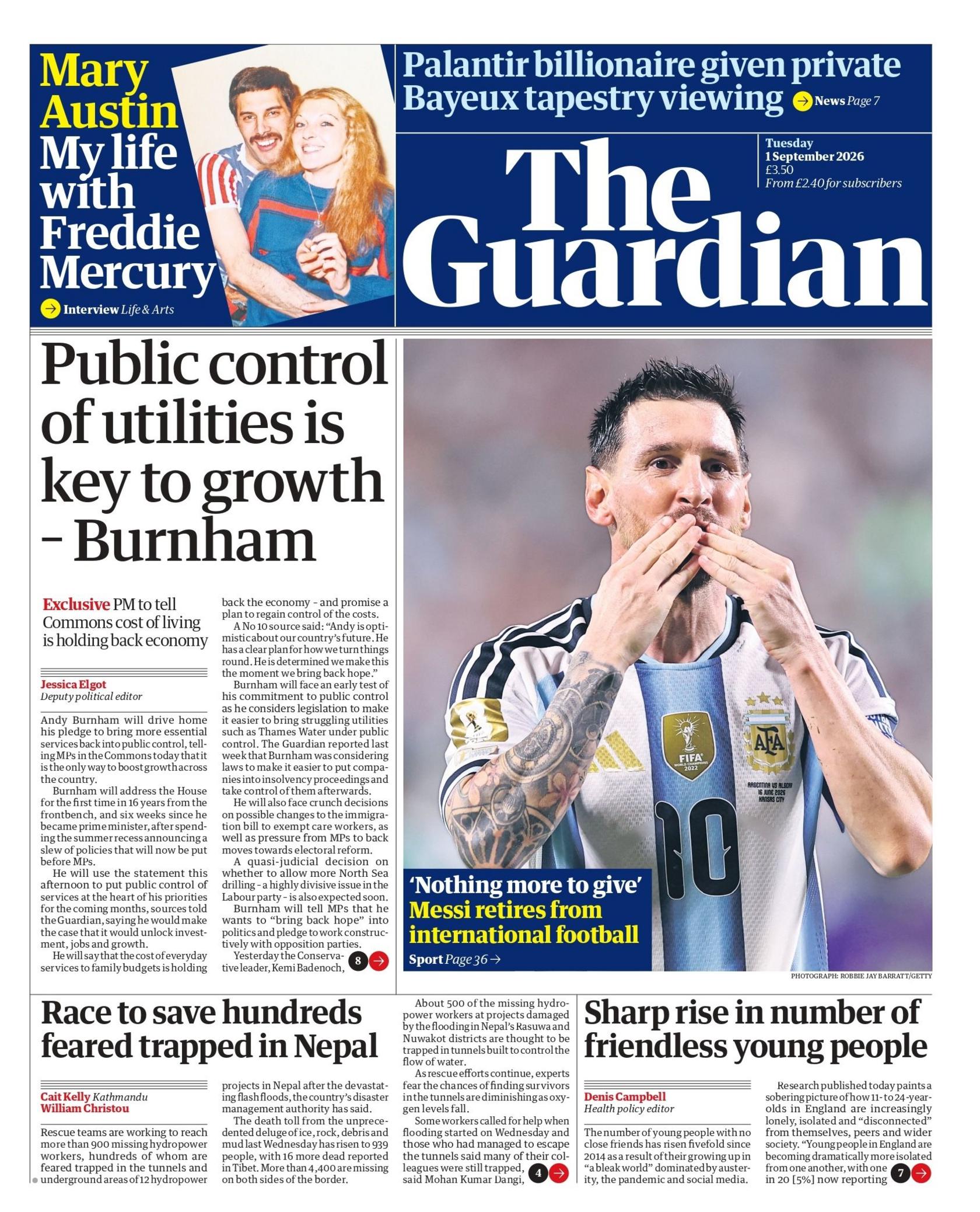 "Public control of utilities is key to growth – Burnham," reads the headline on the front page of the Guardian.