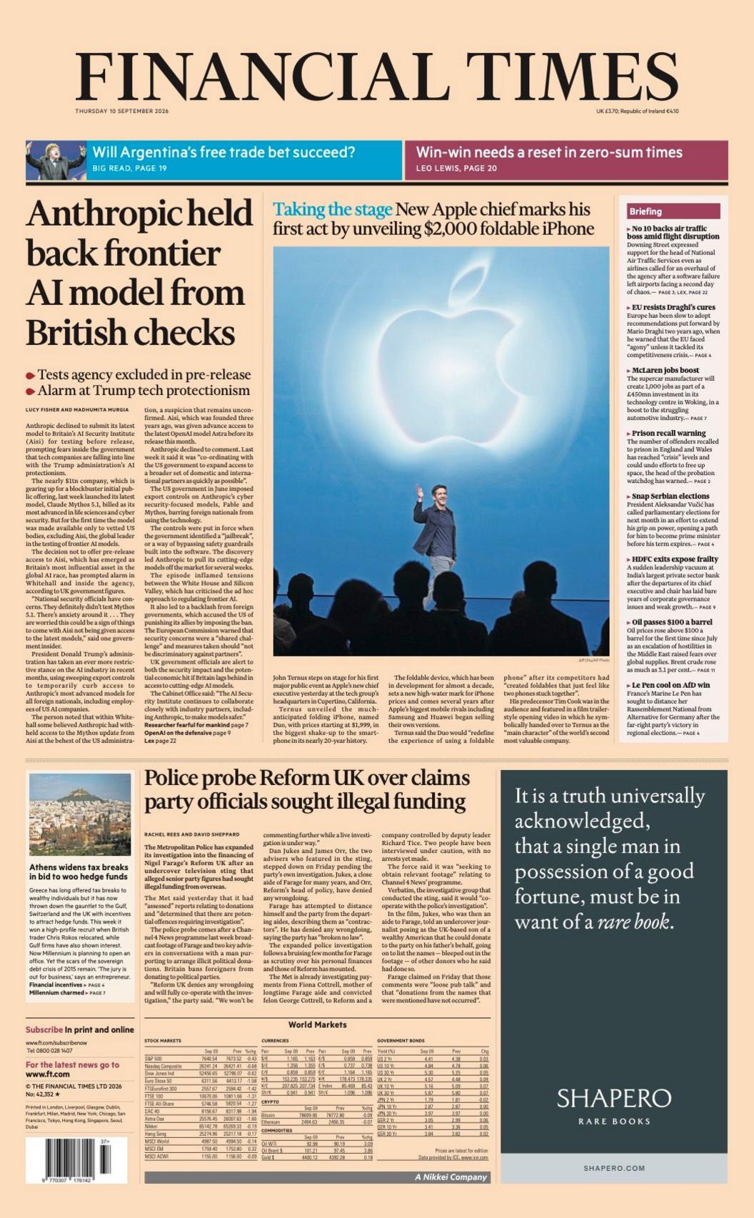 The front page headline of the Financial Times reads: "Anthropic held back frontier AI model from British checks"