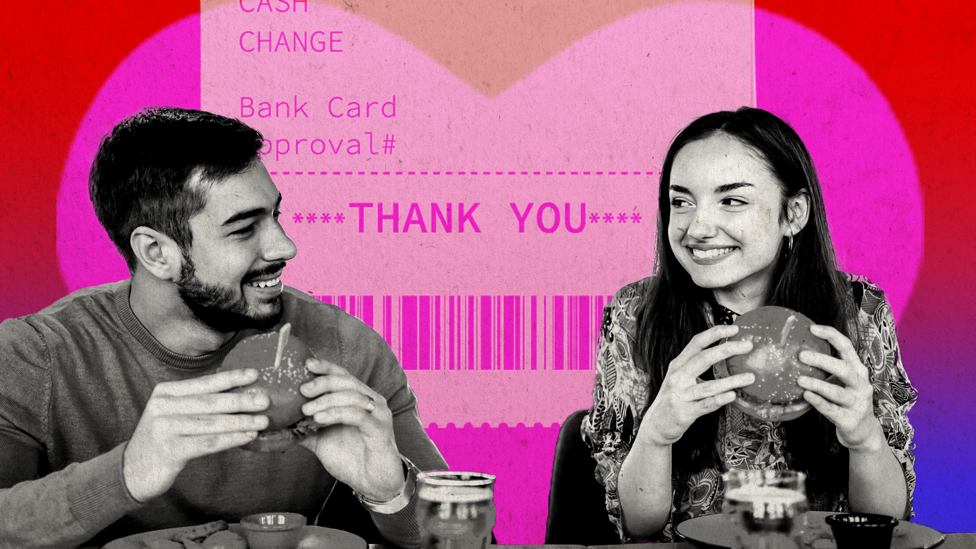 A composite image of a man and a woman with the graphic of a receipt in the background.