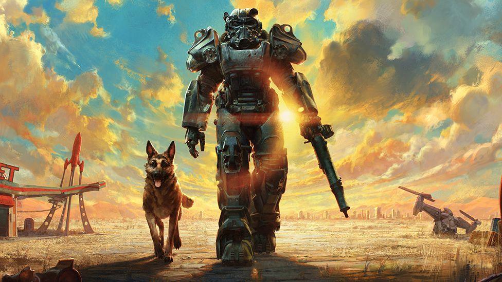 Artwork depicting an armour-suited character patrolling through a post-apocalyptic desert scene, with a German shepherd trotting alongside them. A dramatic sunset fills the landscape behind them, which is dotted with the ruins of buildings.